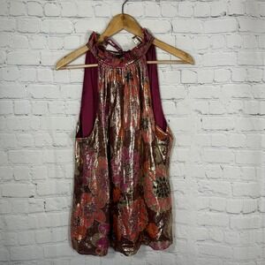 Trina Turk Metallic Floral Halter Top Pink Gold Ruffle Neck Keyhole Blouse Large